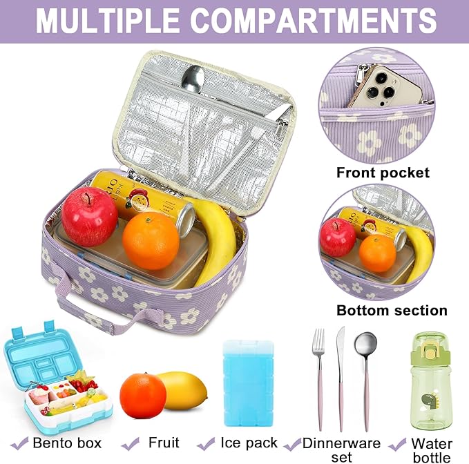 Bluboon Kids Girls Lunch Bag Insulated Lunch Box for school Corduroy Lunch Cooler Organizer School Kids Lunch Tote