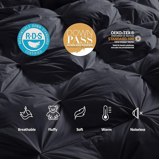 Luxurious All-Season Goose Down Feather Fiber Comforter King Size Duvet Insert, Exquisite Black Pinch Pleat Design, Premium Baffle Box, 100% Egyptian Cotton Cover, 70 oz. Fill Weight, Black