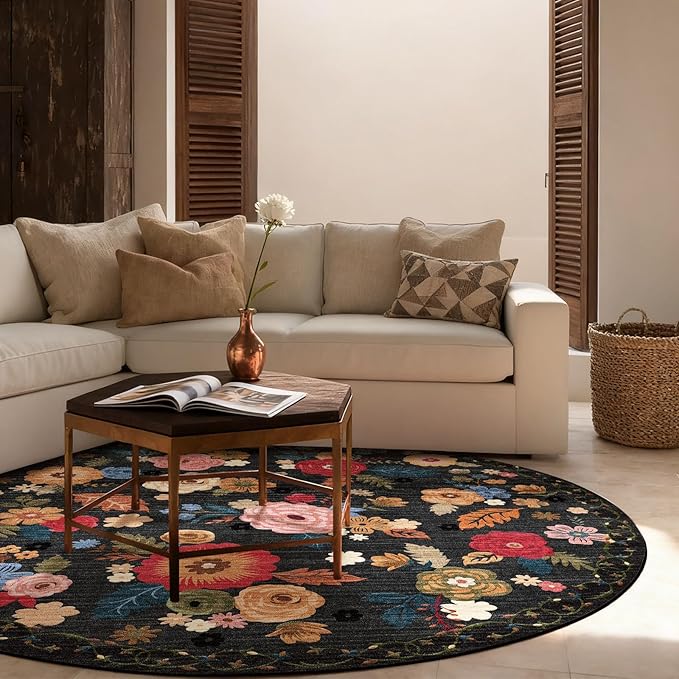 4x4 Round Bedroom Rug Washable: Round Rug Stain Resistant Green Floral Rug Non Slip Low Pile Small Carpet for Bedroom Kitchen Entryway Living Room Bedside Office Dorm Kids Room Entrance