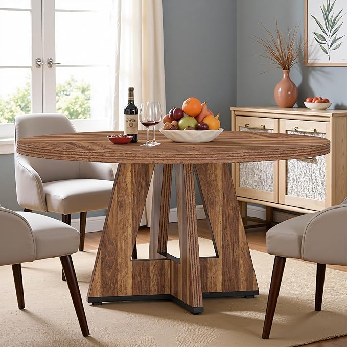 NicBex 47 Inch Round Dining Table, Wooden Dinner Table for 4, Small Farmhouse Kitchen Tables with Cross Base for Dining Room, Kitchen, Living Room, Dark Brown