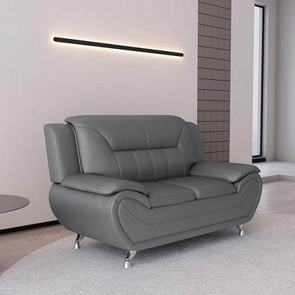 Container Furniture Direct Michael Modern Faux Leather Upholstered Stainless Steel Legs Living Room Sofa, Loveseat, Sleek Gray