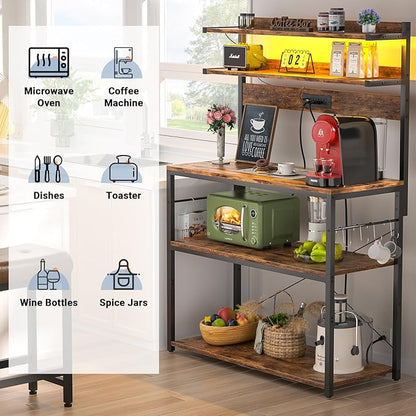 Aheaplus Bakers Rack with Power Outlet, Microwave Stand, 5 Tiers Coffee Bar Station with Led Lights, Kitchen Storage Shelf with 6 S-Shaped Hooks, Kitchen Rack Coffee Bar Stand, Rustic Brown