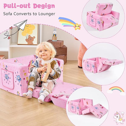 Toddler Chair Comfy,2-in-1 Soft Toddler Couch Fold Out for Kids,Convertible Sofa to Lounger,Gift for Girls and Boys Birthday,Rainbow