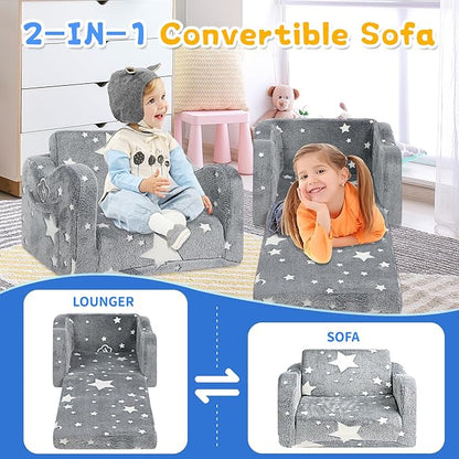Kids Couch for Toddlers, 2-in-1 Kids Sofa Toddler Couch Chair Glow in The Dark, Comfy Soft Foldable Kid Chair for Girls and Boys