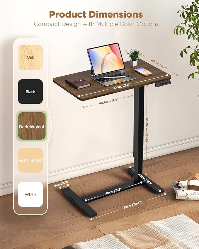 Electric Adjustable Height Standing Desk - Small Sit Stand Portable Rolling Laptop Table with Hidden Wheels, Small Computer Workstation for Bedside & Home Office Use (24"x16",Dark Walnut)