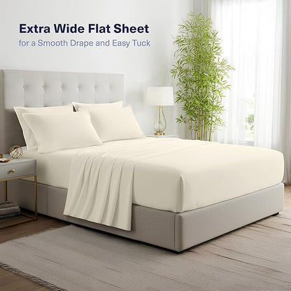 Kickoff Viscose Bamboo Sheets Queen Size 4-pc 100% Organic Bamboo Viscose Bed Cooling Sheets Queen Size Set Cool Bedding for hot Sleepers Sheet, Flat, Fitted, Pillowcases (Buttercream, Q)