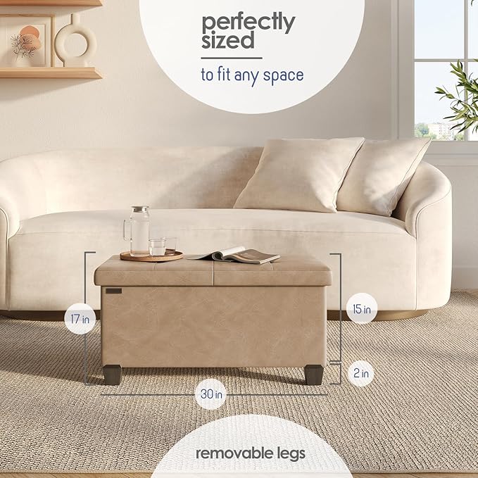 STORAGEBUD Storage Ottoman Bench with Bins, 30-in Storage Bench for Bedroom End of Bed, Folding Foot Rest Ottoman for Living Room Max 660lbs, Faux Leather Ottomans, Taupe