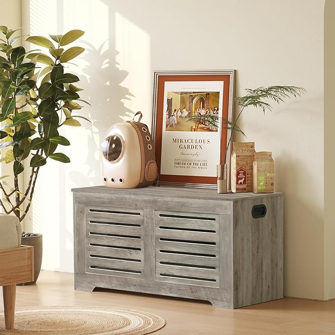 DINZI LVJ Storage Chest, Flip-Top Wooden Toy Box with 2 Safety Hinges, Entryway Shoe Storage Bench, Good Ventilation, Storage Trunk for Living Room, Bedroom, Easy Assembly, Grey Wash