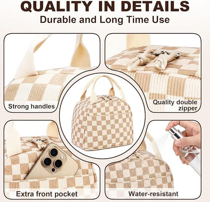 LEDAOU Insulated Lunch Bag women Corduroy Small Lunch Box for Women with Front Pocket Leakproof Cooler Checkered Cute Adult Gilrs Lunch Box for Work School Picnic