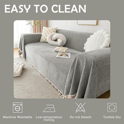 HANDONTIME Couch Slipcovers for Sofas - Dark Grey Boho Pet Couch Protector with Tassel - Chenille Herringbone 3 Seat Cover, 91" X150