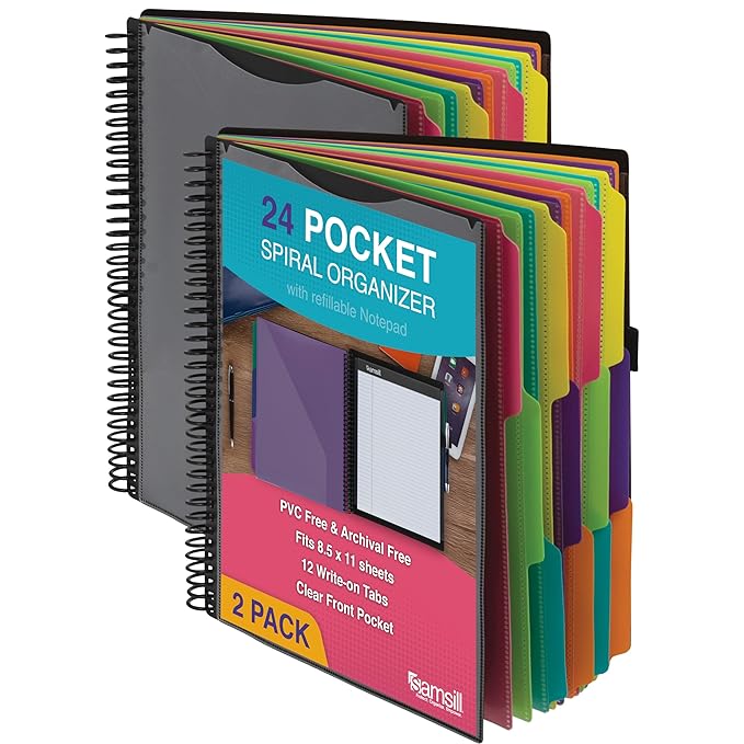Samsill 2 Pack Deluxe 24 Pocket Spiral Project Organizer with Refillable Notepad, Customizable Front Cover, 12 Dividers with Erasable Write-On Tabs in Fashion Colors, Plastic Folders with Pockets
