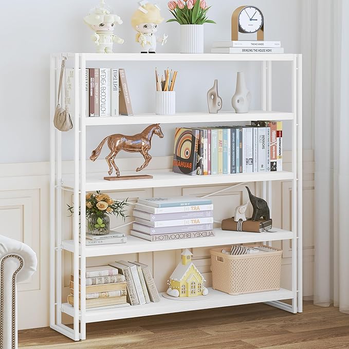HCHQHS Bookshelf, 5-Tier Industrial Bookcase, White Open Book Shelf, Freestanding Tall Bookshelves with Metal Frame