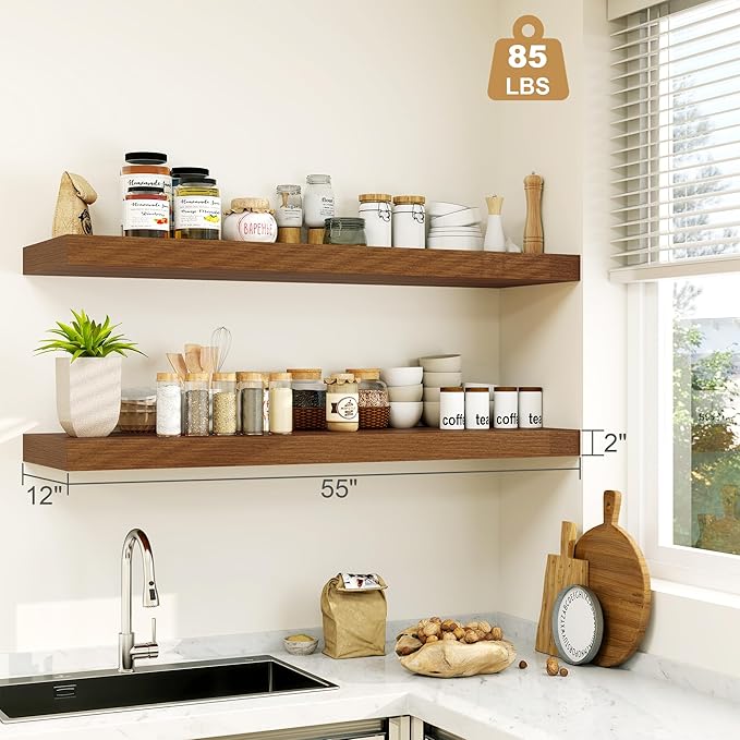 Heimlove 12" Deep Floating Shelves for Wall Shelf Over Toilet Wall Mounted Farmhouse Long 55 inches Set of 1, Farmhouse Shelves with Invisible Brackets for Living Room, Kitchen, Bedroom,Walnut