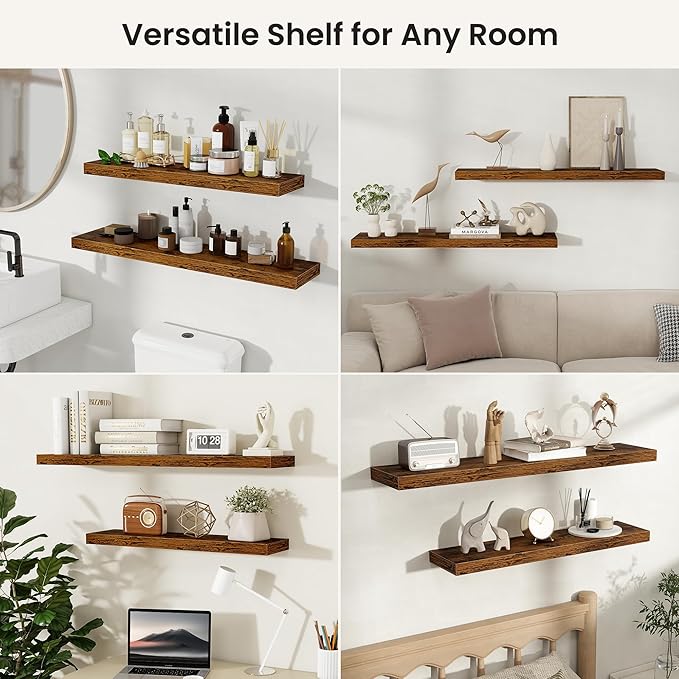 Fun Memories Floating Shelves for Wall, Rustic Wood Wall Mounted Shelves for Bathroom, Bedroom, Living Room and Kitchen, Storage & Home Decor (Set of 2, Brown, 24 in)