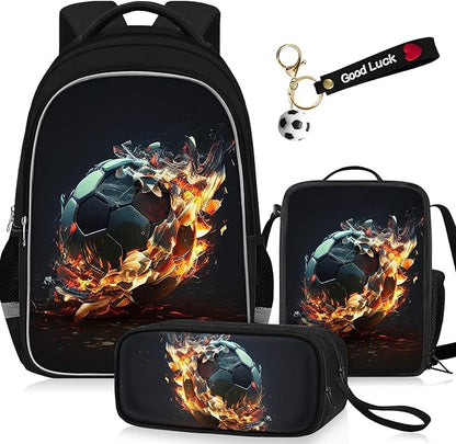 School Backpack for Boys - 4pcs Soccer Boys Backpack with Lunch Box and Pencil Case for Kids Children Teens Elementary Middle School - Students Bag for Ages 6-18,17″Bookbag Travel Back Pack