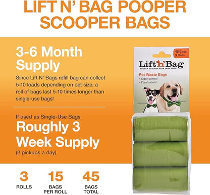 Neater Pets Lift N’ Bag Extra-Capacity Dog Poop Bags Rolls, 20% Thicker Leakproof Poop Bags for Dogs, Extra-Large Dog Pooper Scooper Refill Bags, 3 Rolls - 45 Count, Lavender Scent, 14.25” x 9.5”