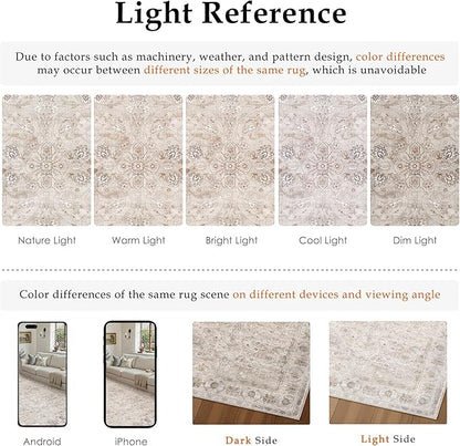 8x10 Area Rug Washable Living Room Vintage Beige Carpet Bedroom Large Indoor Non Slip Soft Low Pile Thin Stain Resistant Distressed Accent Throw Rug for Dining Office Nursery