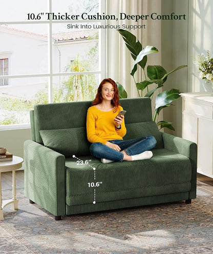 53” Convertible Sofa Bed Couch, Corduroy Couch Bed, 6-Position Loveseat Sleeper Sofa, Love Seat Sleeper Bed 23.6" Extra Deep Seat, Modern Couches for Living Room/Apartment/Home/Office, Green