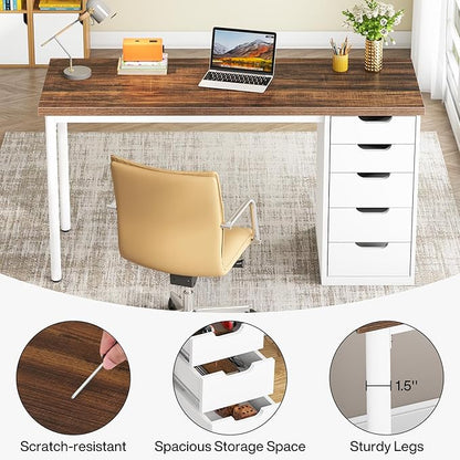 Tribesigns Computer Desk with 5 Drawers, 47 inches Rustic Brown Home Office Desk with Storage, Modern Simple Laptop Desk Study Writing Table for Small Spaces (Reversible Drawer Cabinet)