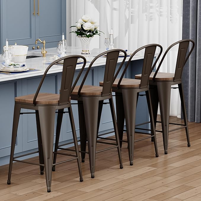 Yongqiang 26 inch Bar Stools Set of 4 Kitchen Counter Height Bar Chairs High Back Metal Barstools with Large Wooden Seat Industrial Rusty