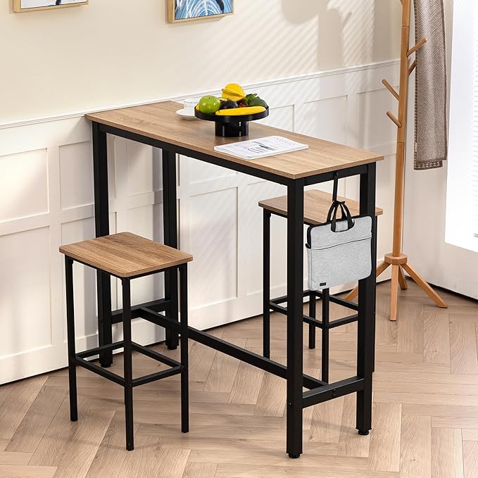 Finnhomy 47" Industrial Bar Table Set with 2 Stools - Counter Height Dining & Pub Table for Small Spaces, Kitchen, Apartment, Breakfast Nook - Metal & Wood, Space-Saving Furniture - Greige