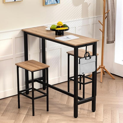 Finnhomy 47" Industrial Bar Table Set with 2 Stools - Counter Height Dining & Pub Table for Small Spaces, Kitchen, Apartment, Breakfast Nook - Metal & Wood, Space-Saving Furniture - Greige