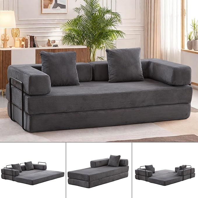 Convertible Sofa Bed, Compression Futon Sofa with Pillows & Armrest, Foldable Mattress Couch with Fixed-Shape Frame, Comfy Couch Lounge Sleeper Bed for Living Room Bedroom, Dark Gray