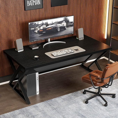 LVB Modern Black Computer Desk, Long Industrial Home Office Desk for Student, Large Metal Wood Writing Study Computer Table, Farmhouse Executive Simple Gaming PC Work Desk for Bedroom, Black, 60 Inch