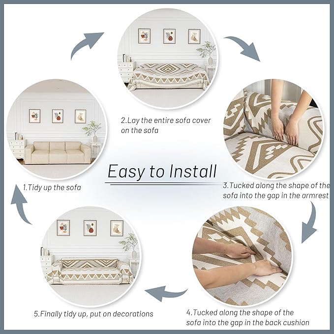 MYSKY HOME Sectional Couch Cover Khaki Boho Geometric Sofa Covers for Sectional Sofa L Shape Chenille Couch Protector for Dogs Pets Couch Throw Cover Washable Durable for Home Decor, 71" X118"