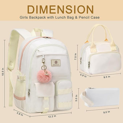 School Backpack for Teen Girls Women College Laptop Backpacks Kids Cute Bookbag Set with Lunch Box Pencil Case Elementary Middle High Campus Bag 3 Pcs Students Bookbags Sets Travel Daypack-Beige