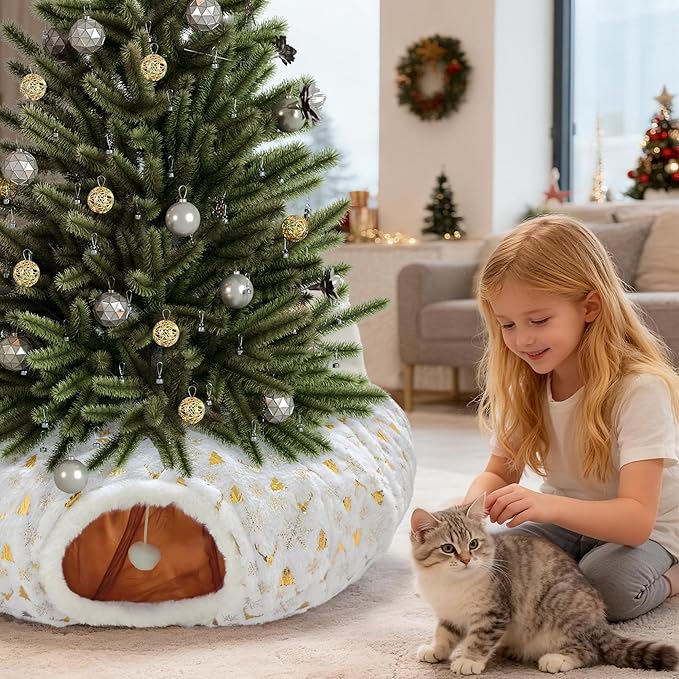 Cat Tunnel Christmas Tree Skirt, Cat Tunnel Bed with Hanging Toy Ball, Foldable Plush Cats Cave Donut Tunnel Christmas Decorations, Kitty Tunnel for Indoor Kitten Rabbit Puppy, White Gilded