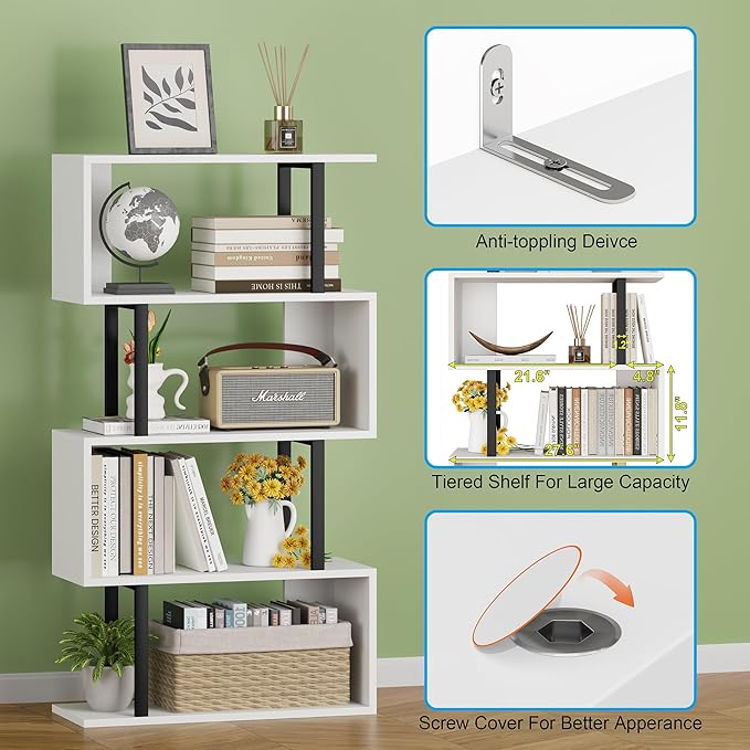 Yusong Geometric Bookcase, S Shaped Bookshelf 4-Tier Book Shelves for Bedroom, Modern Wood Decorative Display Shelf Tall Book Case for Home Office, Black and White