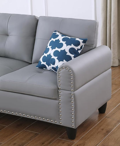 Ball & Cast 98" L Shaped Sectional Couch for Living Room,4 Seat Faux Leather Upholstered Modular Sectional Sofa Set 2 PCS with Chaise,Nailhead Trim,Cup Holders,Coffee Table and 2 Pillows for Home,Gray