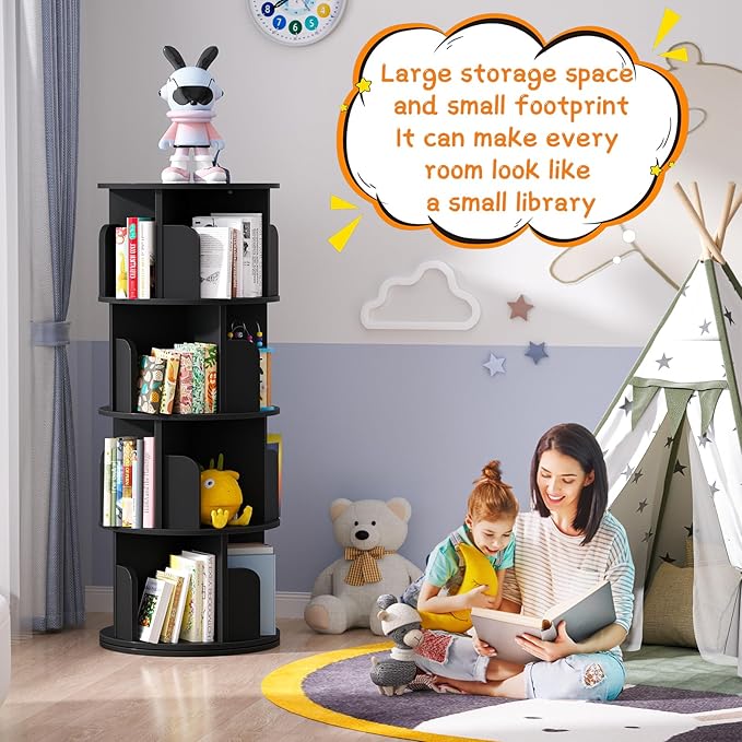 Rotating Bookshelf, Wood Corner Bookshelf, 360 Display Spinning Bookcase Storage Rack, 4 Tier Floor Standing Revolving Bookcase Narrow Book Shelf Organizer for Small Space, Bedroom, Black