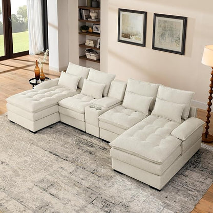 130" U-Shaped Sectional Sofa with Storage Console & Cup Holders, Upholstered 6 Seat Living Room Sleeper Couch Furniture Set w/Chaise, Cloud Cushion Couch for Home, Office, Apartment,Beige