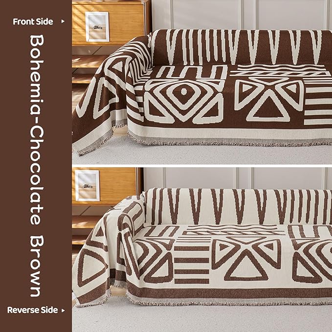 STACYPIK Soft Breathable Boho Chocolate Sofa Cover Stain Resistant Furniture Protector for 3 Cushion Couch Washable Sofa Cover for Dogs Cats Dark Khaki Reversible Sectional Covers for Sofa-91X134IN