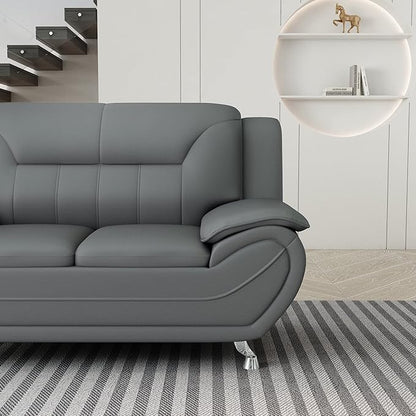 Container Furniture Direct Michael Modern Faux Leather Upholstered Stainless Steel Legs Living Room Sofa, Loveseat, Sleek Gray