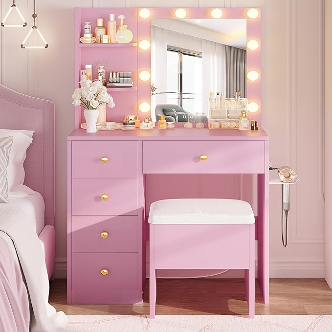IRONCK Vanity Desk with Mirror and Lights, Small Makeup Vanity Table with 5 Drawers, Power Outlet, and Vanity Stool, 3 Lighting Colors, Dressing Table for Women Girls Bedroom, Pink