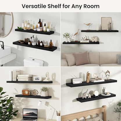 Fun Memories Floating Shelves for Wall, Rustic Wood Wall Mounted Shelves for Bathroom, Bedroom, Living Room & Kitchen, Storage Display Shelves, (Set of 2, Black, 48 in)