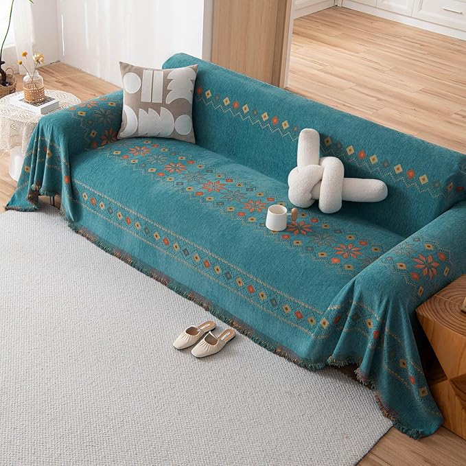 STACYPIK Green Jacquard Couch Cover Chenille Boho Sofa Covers for 3 Cushion Couch Reversible Tassels Sofa Seat Cover Blankets Scratch Proof Couch Protector Loverseat Futon Cover for Sectional-71X134IN