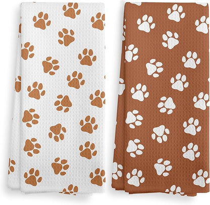 Orange Dish Towels and Hand Towels Set of 2, Cute Dog Paw Print Kitchen and Bath Towels, Dog Gifts, 16×24 Inch