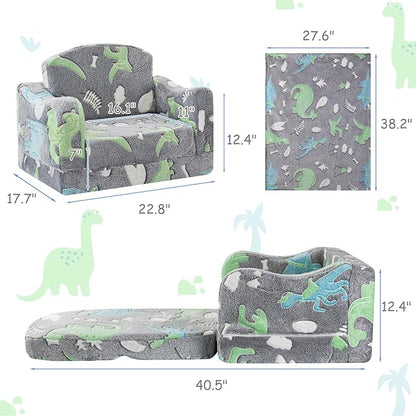 Comfy Toddler Chair and Couch for Kids with Blanket,2-in-1 Soft Plush Fold Out Toddler Couch for Girls and Boys,Convertible Sofa to Lounger for Playroom,Gray Dinosaur