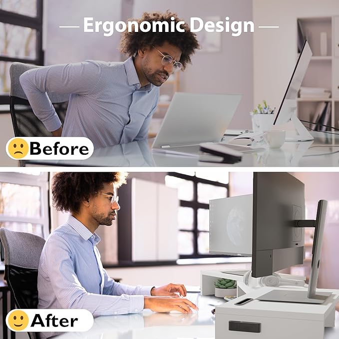 BONTEC Dual Monitor Stand Riser with Smartphone Holder, Adjustable Length & Swivel Angle, Ergonomic Wooden Desktop Organizer for PC Monitor, Laptop, Printer, Large Storage, White
