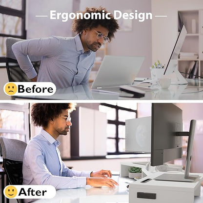 BONTEC Dual Monitor Stand Riser with Smartphone Holder, Adjustable Length & Swivel Angle, Ergonomic Wooden Desktop Organizer for PC Monitor, Laptop, Printer, Large Storage, White