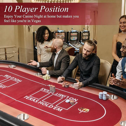 10 Players Oval Poker Table with Padded Rails, Folding Casino-Style Texas Wood Grain Game Poker Tables with Cup Holder, Red Felt Surface, Fully Assemble
