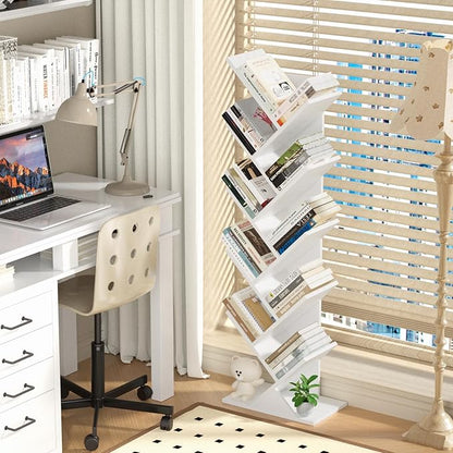 10 Tier Tree Book Shelf, Floor Standing Wood Bookshelf for Narrow Space, Storage Organizer Bookshelves for Books/CDs/Magazine, Bookcase with Shelves for Home Office, Living Room - White