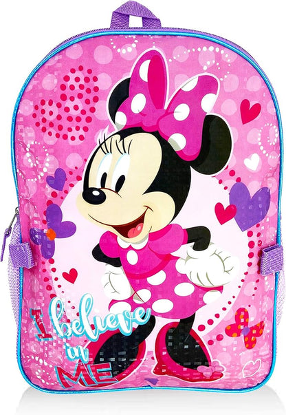 Disney Minnie Mouse Backpack with Lunch Box for Girls 5 Pc Bundle ~ Deluxe 16" Minnie Bag, Insulated Lunch Bag, Stickers, and More (Minnie Mouse School Supplies)
