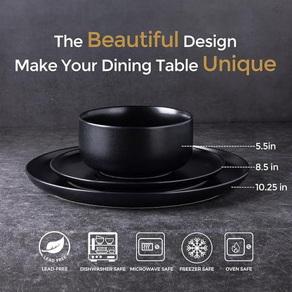 LERATIO Stoneware Dinnerware Sets for 6,Handcarft Ceramic Plates and Bowls Sets,Chip and Scratch Resistant Dishes, Dishwasher & Microwave Safe, Oven safe,Reactive Glaze-Black