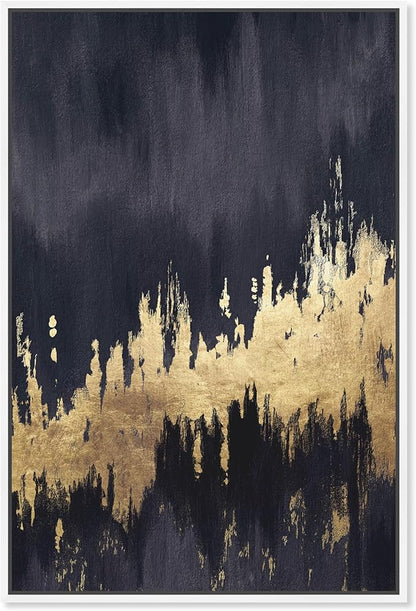 The Oliver Gal Artist Co. Abstract Wall Art Framed Canvas Prints 'Late Night Sky' Brush Strokes Home Décor, 36" x 54", Black, Gold
