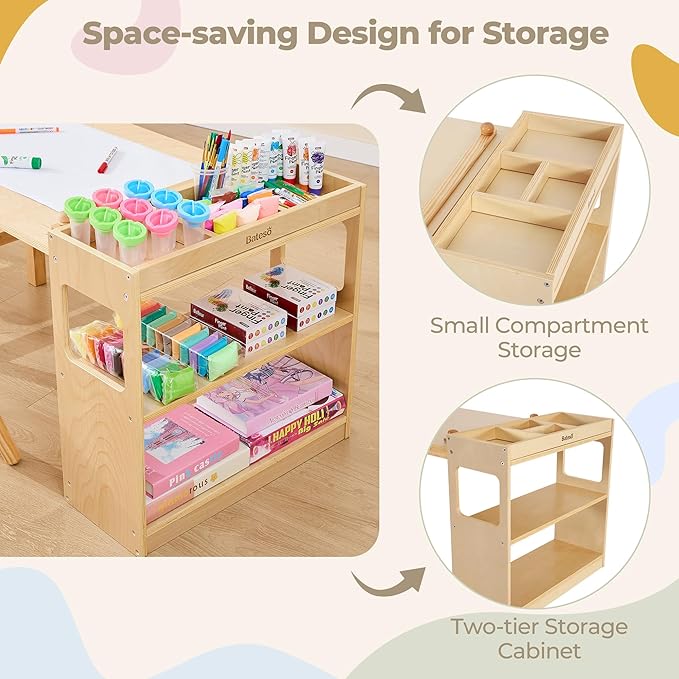Kids Art Table and 2 Chairs Set with Roll Paper & Storage, Wooden Kid Craft Table for Drawing, Learning and Reading, Toddler Activity Play Desk for Home, Playroom or Classroom